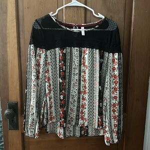 Full sleeve blouse with black lace and floral striped printing